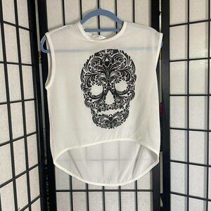 EUC QRW & B Collection Sheer White Skull Blouse size Large